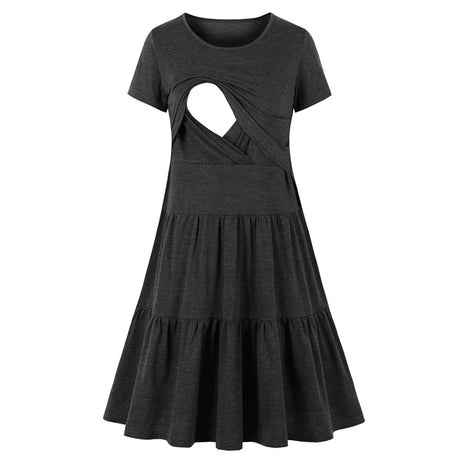 Sleeveless pleated nursing dress in dark gray, featuring a unique breastfeeding design, perfect for maternity wear.