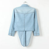 Back view of DenimDrape™ short sleeve kimono shirt in light blue denim, showcased on a hanger.