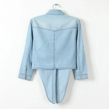 Back view of DenimDrape™ short sleeve kimono shirt in light blue denim, showcased on a hanger.