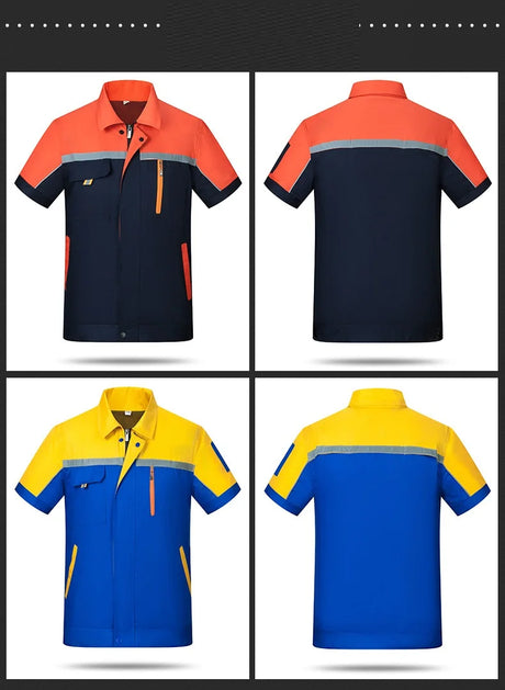 Colorful summer short-sleeve working uniforms for men and women, featuring breathable fabric and multiple pockets in various designs.