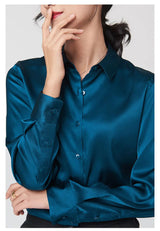 SatinGrace™ long sleeve silk shirt in teal, showcasing a V-neck and single breasted design, perfect for women.