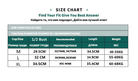 Size chart for women's camisoles with bust measurements, recommended sizes, length, and weight guide.