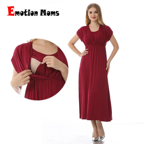 Soft fabric nursing maternity dress by Emotion Moms, featuring a V-neck and adjustable breastfeeding access.