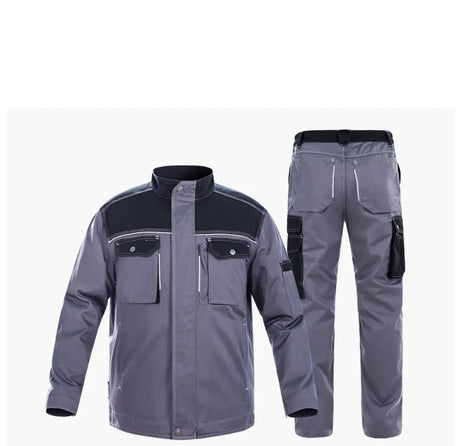 Reflective welding suit featuring windproof, flame retardant jacket and pants, designed for utility and safety in work environments.