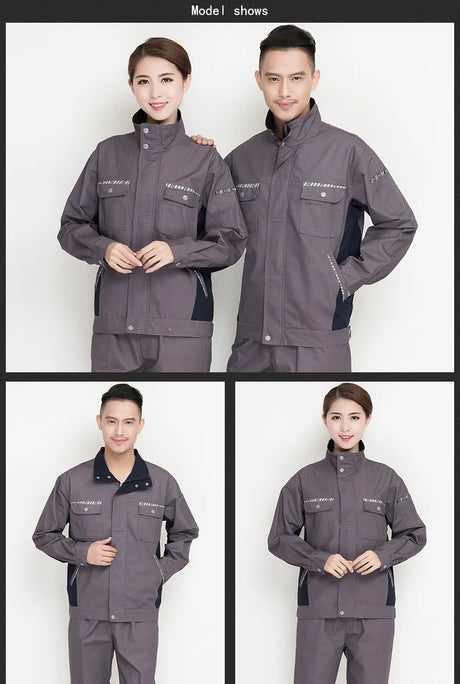 Men and women modeling durable workshop clothing set, showcasing windproof and wear-resistant features.