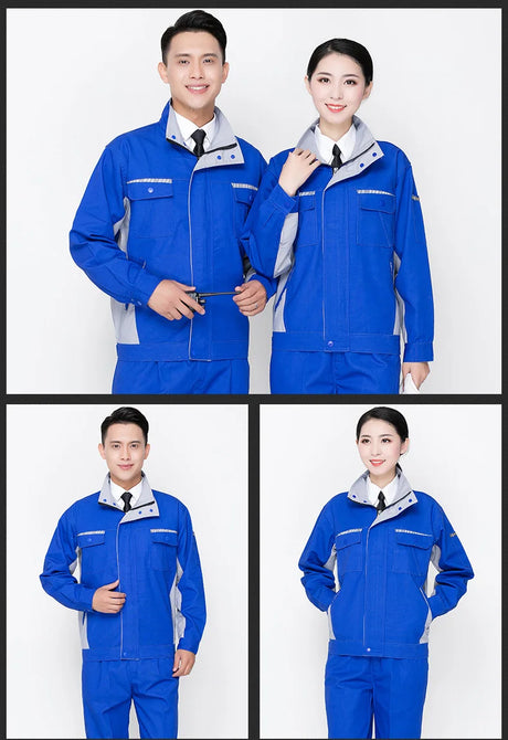 Men and women wearing durable blue workshop overalls, designed for utility and safety in various work environments.
