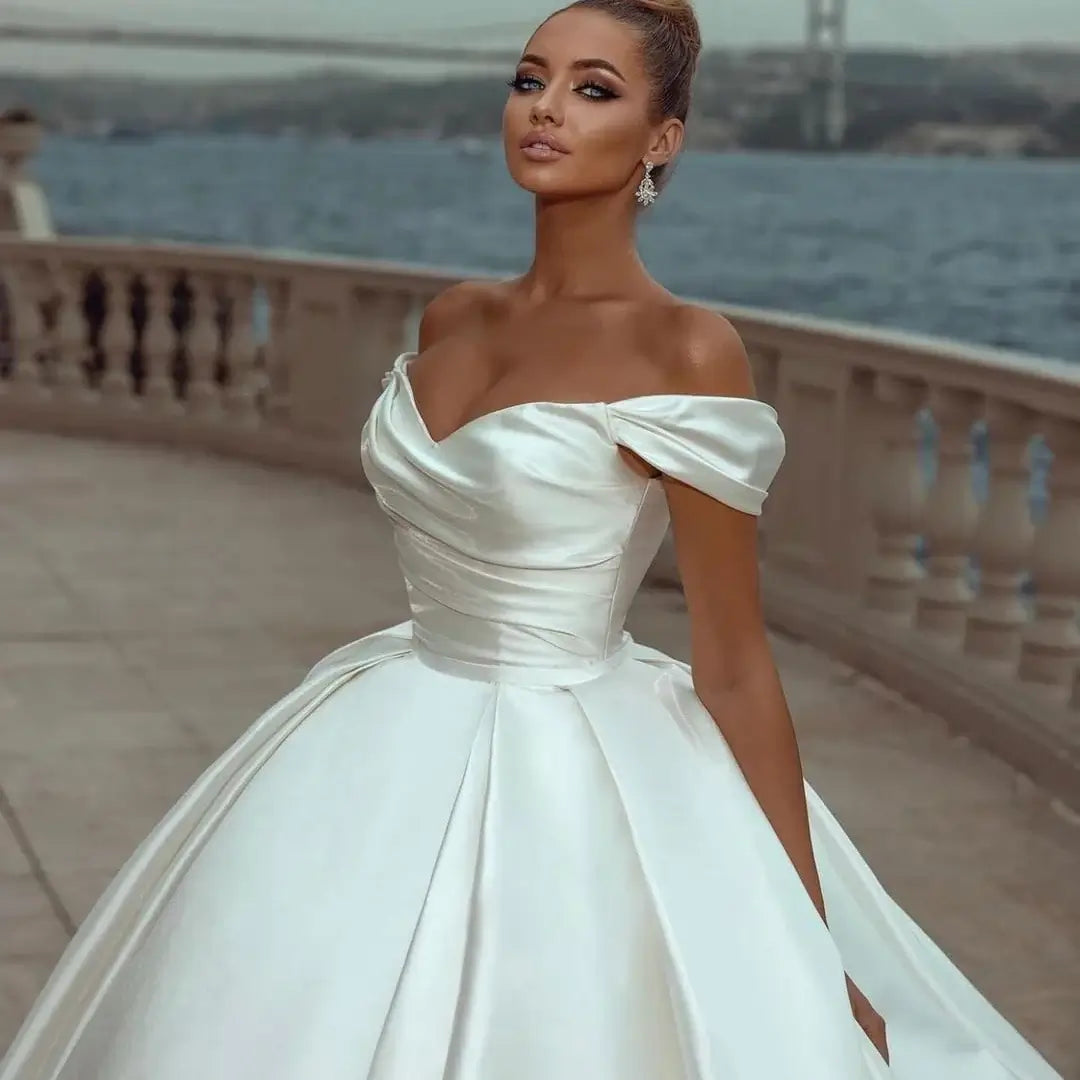 Women Off Shoulder Satin Wedding Dress Lace Up Back