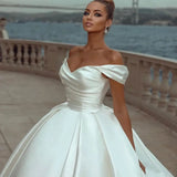 Women Off Shoulder Satin Wedding Dress Lace Up Back