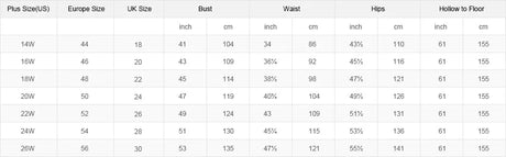 Size chart for plus size wedding dresses including measurements for bust, waist, hips, and hollow to floor.