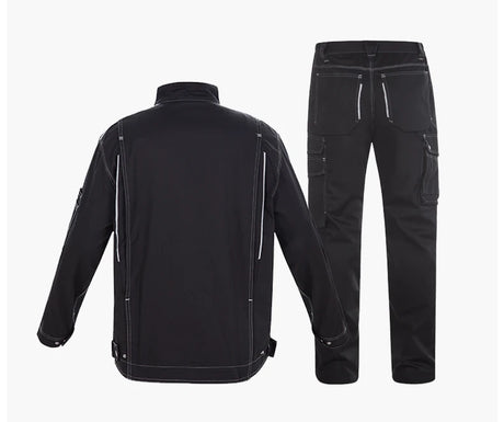 Reflective black welding suit set with a jacket and pants, designed for durability and safety in work environments.