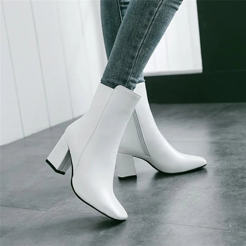 Women Side Zipper Mid-Heel Ankle Boots – Winter Casual Shoes