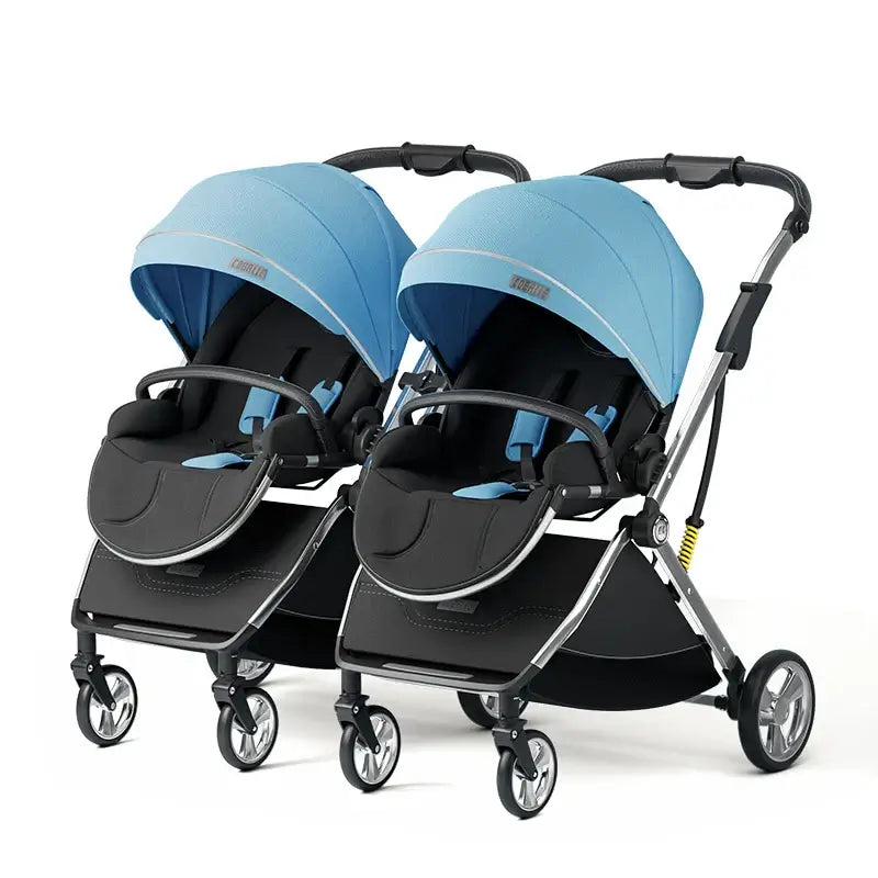 Blue twin baby stroller with adjustable canopies, designed for infants and toddlers, featuring a foldable aluminum frame.