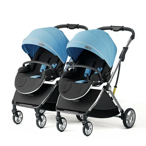 Blue twin baby stroller with adjustable canopies, designed for infants and toddlers, featuring a foldable aluminum frame.