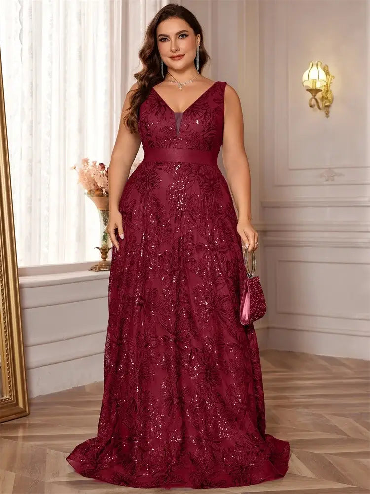 Women Plus Size V-Back Sequin Evening Cocktail Dress