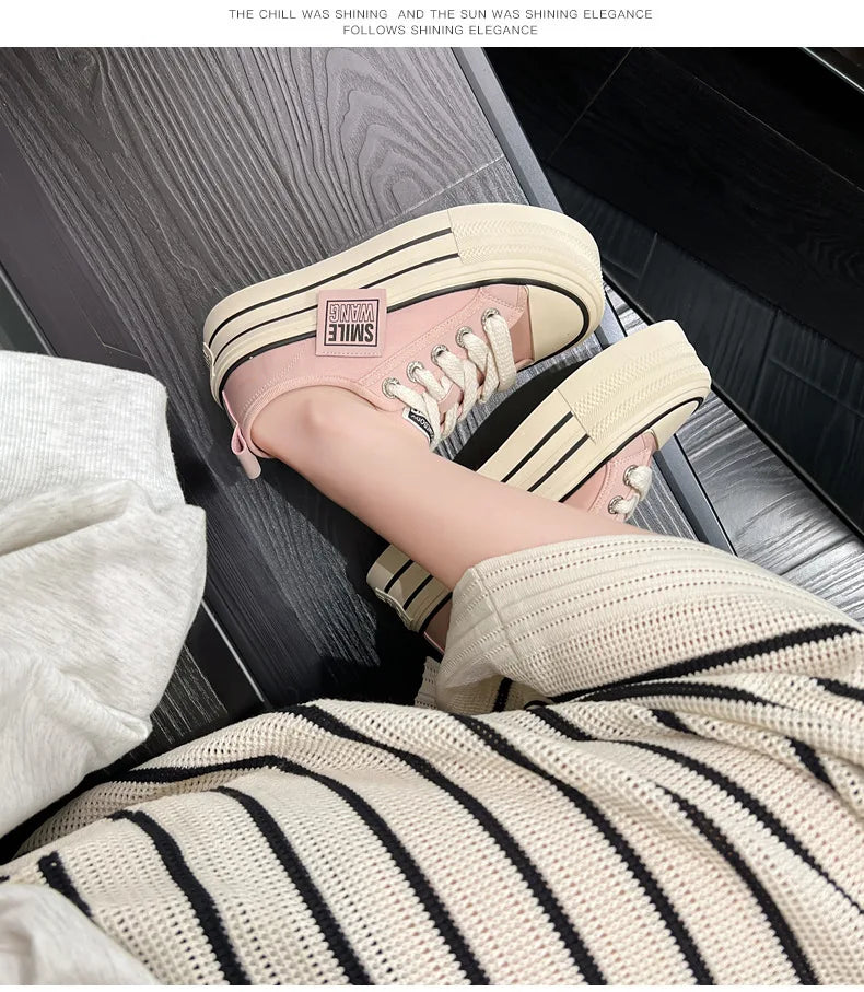 Women Canvas Shoes Black White Platform Sneakers