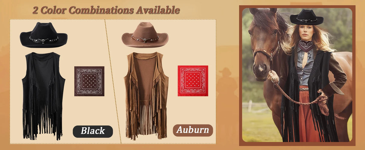 Cowboy costume set featuring black and auburn tassel vests, hats, and bandanas, styled with a model and horse.