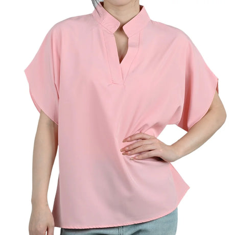 ViviCharm™ V-Neck Flare Sleeve Blouse in pink, stylish and airy, perfect for midlife women.