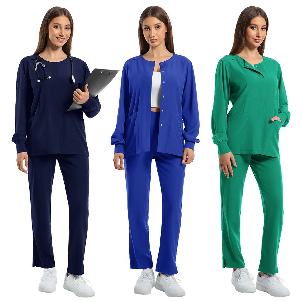 Women wearing dustproof nursing scrubs in navy, blue, and green colors, designed for healthcare and medical professionals.