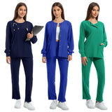 Women wearing dustproof nursing scrubs in navy, blue, and green colors, designed for healthcare and medical professionals.