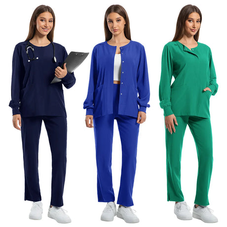 Women wearing dustproof nursing scrubs in navy, blue, and green colors, designed for healthcare and medical professionals.