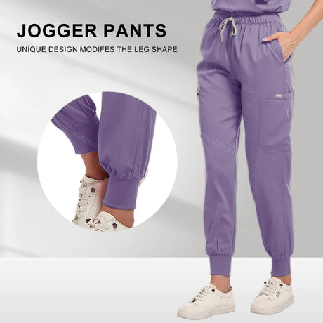Women wearing purple jogger pants designed for a flattering leg shape, featuring elastic cuffs and pockets.