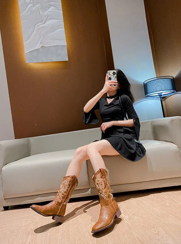 Women Mid Calf Boots Rose Embroidery Leather