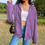 Women Fleece Hoodie Solid Color Zip Up Sweatshirt