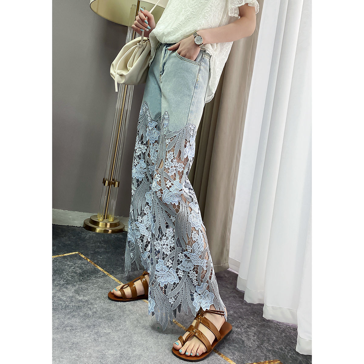 Women Floral Hollow Out Vintage Jeans
