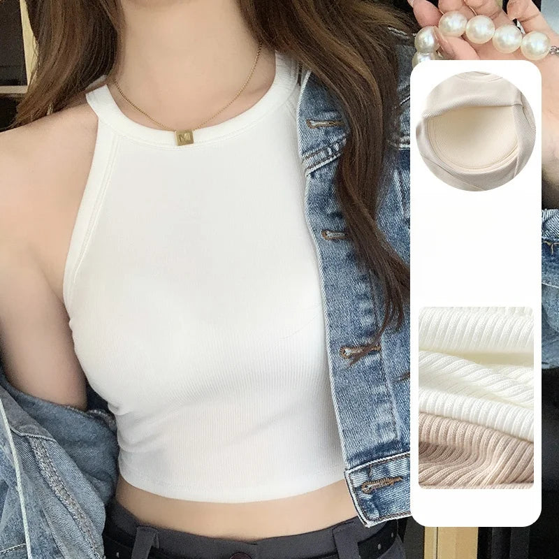 Cotton Knit Camisole Undershirt with Built-in Bra