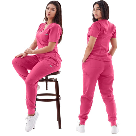 Women wearing breathable pink medical scrub sets, featuring elastic short sleeves and comfortable fit for healthcare professionals.