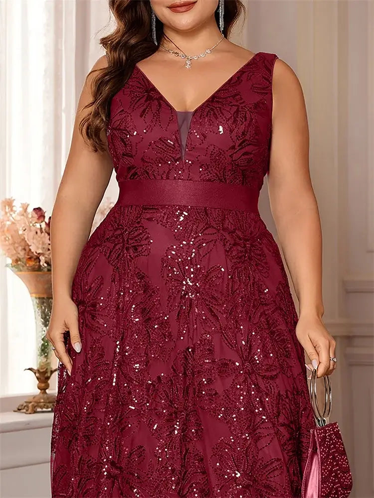 Women Plus Size V-Back Sequin Evening Cocktail Dress