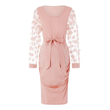 Vintage mesh floral maternity gown in soft pink color, knee-length, with full sleeves and a tie detail.