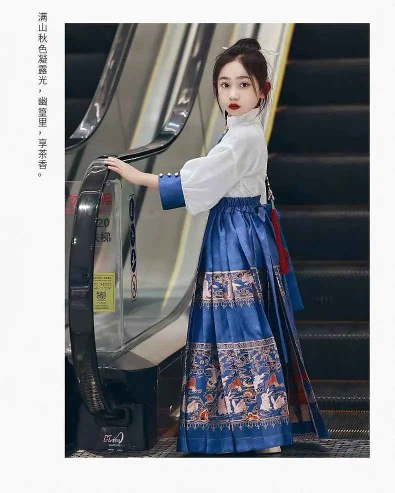 Summer hanfu dress for girls, featuring an embroidered blue skirt and traditional design, perfect for occasions.