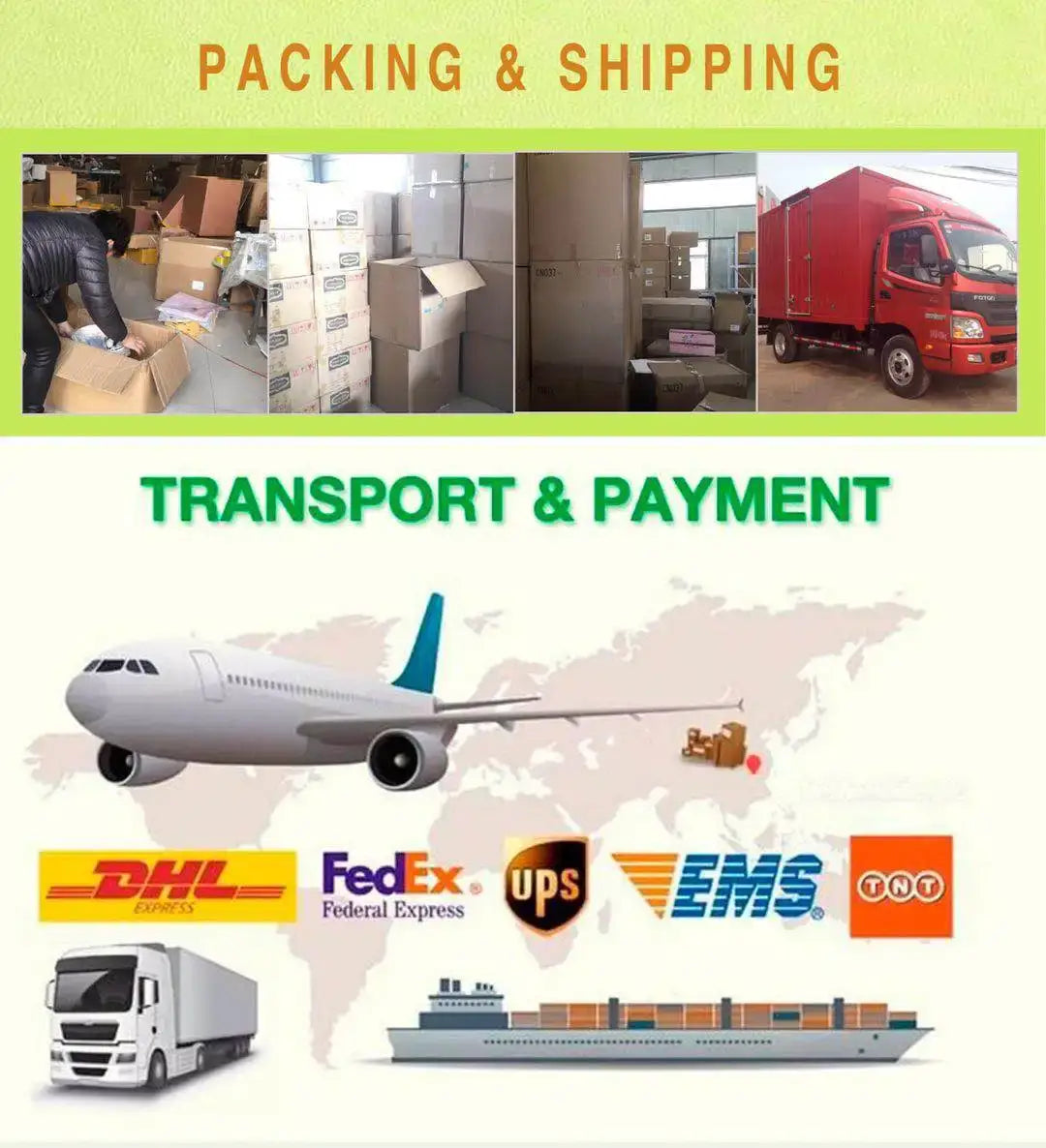 Images of packing and shipping methods including boxes, trucks, and various transport options like planes and ships.