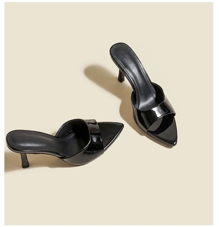 Slim Heel Pointed Toe Patent Slippers – 2025