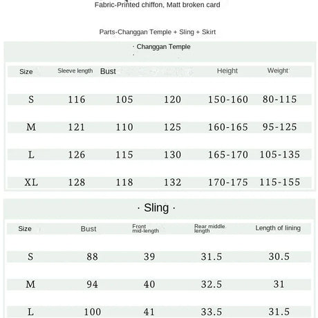 Size chart for Changgan Temple outfit featuring measurements for sleeves, bust, height, and weight for various sizes.