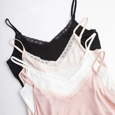 LuxeLace™ silk camisole tank tops in black, white, blush, and beige featuring elegant lace trim and comfortable fit.
