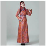 Mongolian ethnic women’s dress, traditional apparel with floral patterns, showcasing cultural heritage and elegant design.