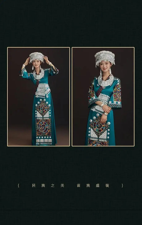 Miao embroidery suit for women, featuring a vibrant festival costume with intricate patterns and traditional accessories.