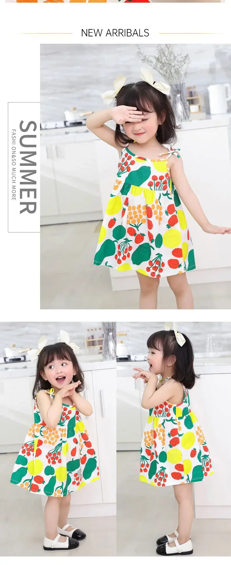 Cute summer dress for girls, featuring colorful fruit prints, perfect for ages 4-6, made of soft cotton.