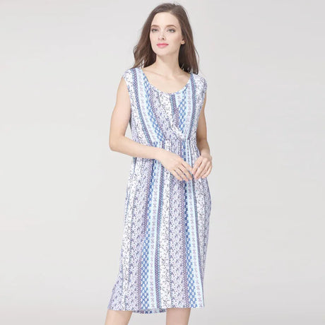 Round neck sleeveless cotton nursing dress, knee-length, summer design in blue and white striped pattern.