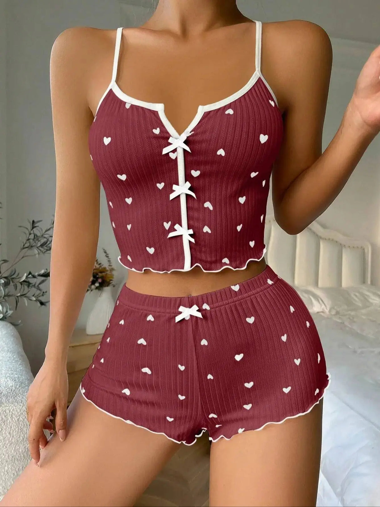 Women Heart Print Silk Pajamas