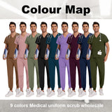 Colour map showcasing 9 colors of medical scrub uniforms for wholesale, featuring unisex styles and comfortable fits.
