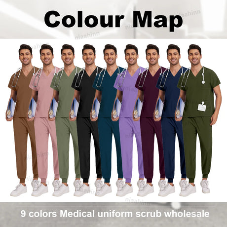 Colour map showcasing 9 colors of medical scrub uniforms for wholesale, featuring unisex styles and comfortable fits.