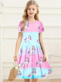 Unicorn dress for girls aged 4-6Y in pastel colors, knee-length with cartoon pattern, ideal for summer casual wear.