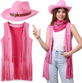 Cowboy costume set featuring pink tassel vest, hat, and bandana, perfect for women, made of polyester.