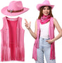 Cowboy costume set featuring pink tassel vest, hat, and bandana, perfect for women, made of polyester.