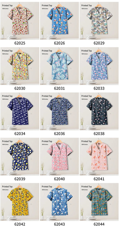 Collection of colorful printed tops in various styles and designs, showcasing vibrant patterns and casual wear.