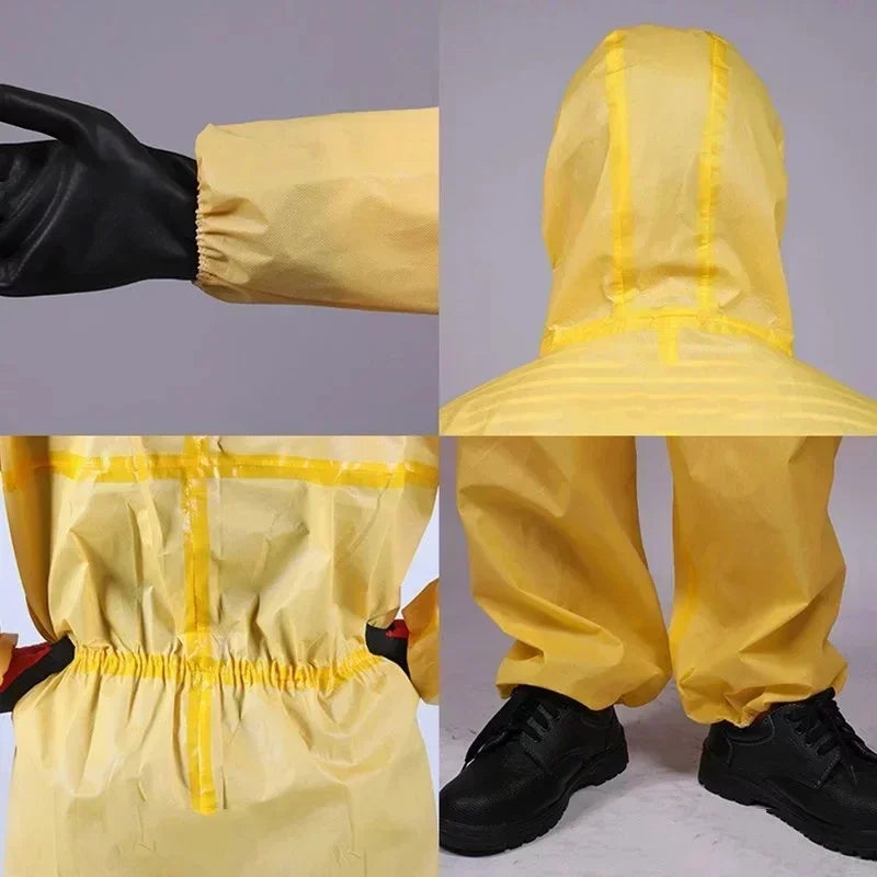 Chemical resistant yellow coverall with elastic cuffs, hood, and pocket for utility and safety in hazardous environments.