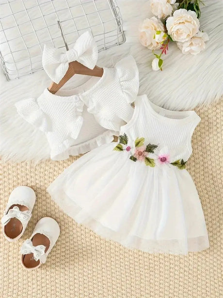 White newborn dress with floral embellishments, matching cardigan, and shoes, perfect for baby girls in summer.